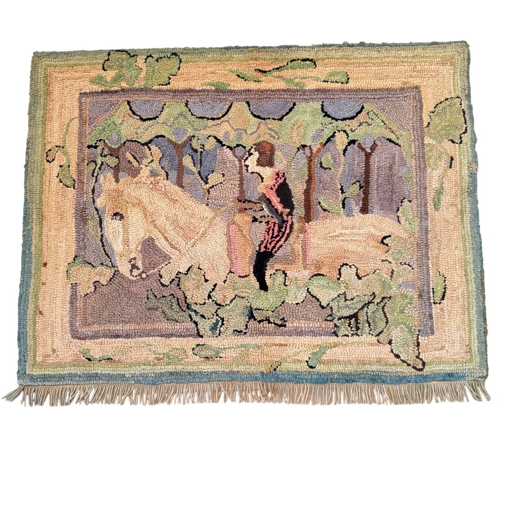 Antique Hand Hooked Rug‎ Equestrian Horse Rider Folk Art Burlap Feed Sack 35x27